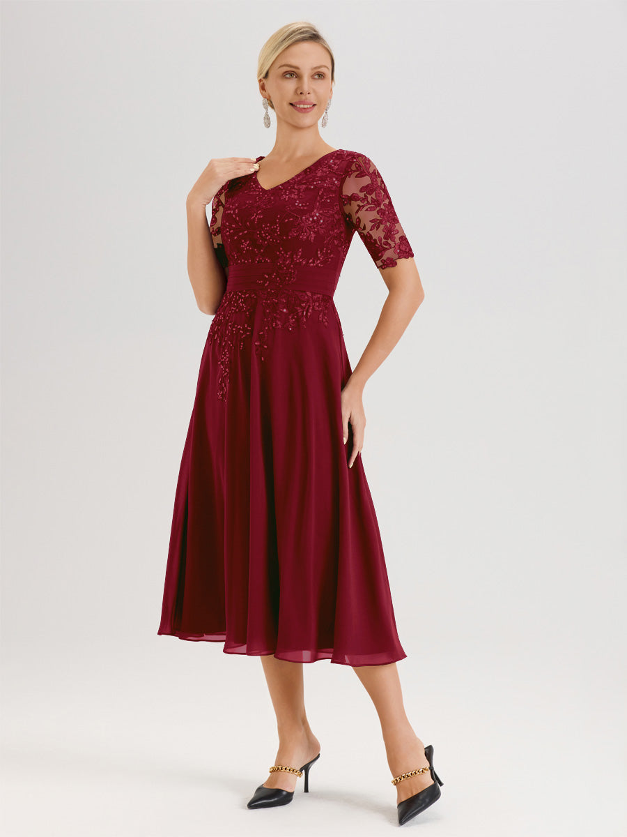 Cicinia Robe Mère De La Mariée Moderne Rouge Bordeaux Décolleté En V Manches Courtes Longueur Mi-Mollet