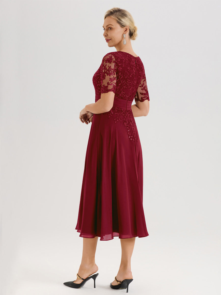 Cicinia Robe Mère De La Mariée Moderne Rouge Bordeaux Décolleté En V Manches Courtes Longueur Mi-Mollet