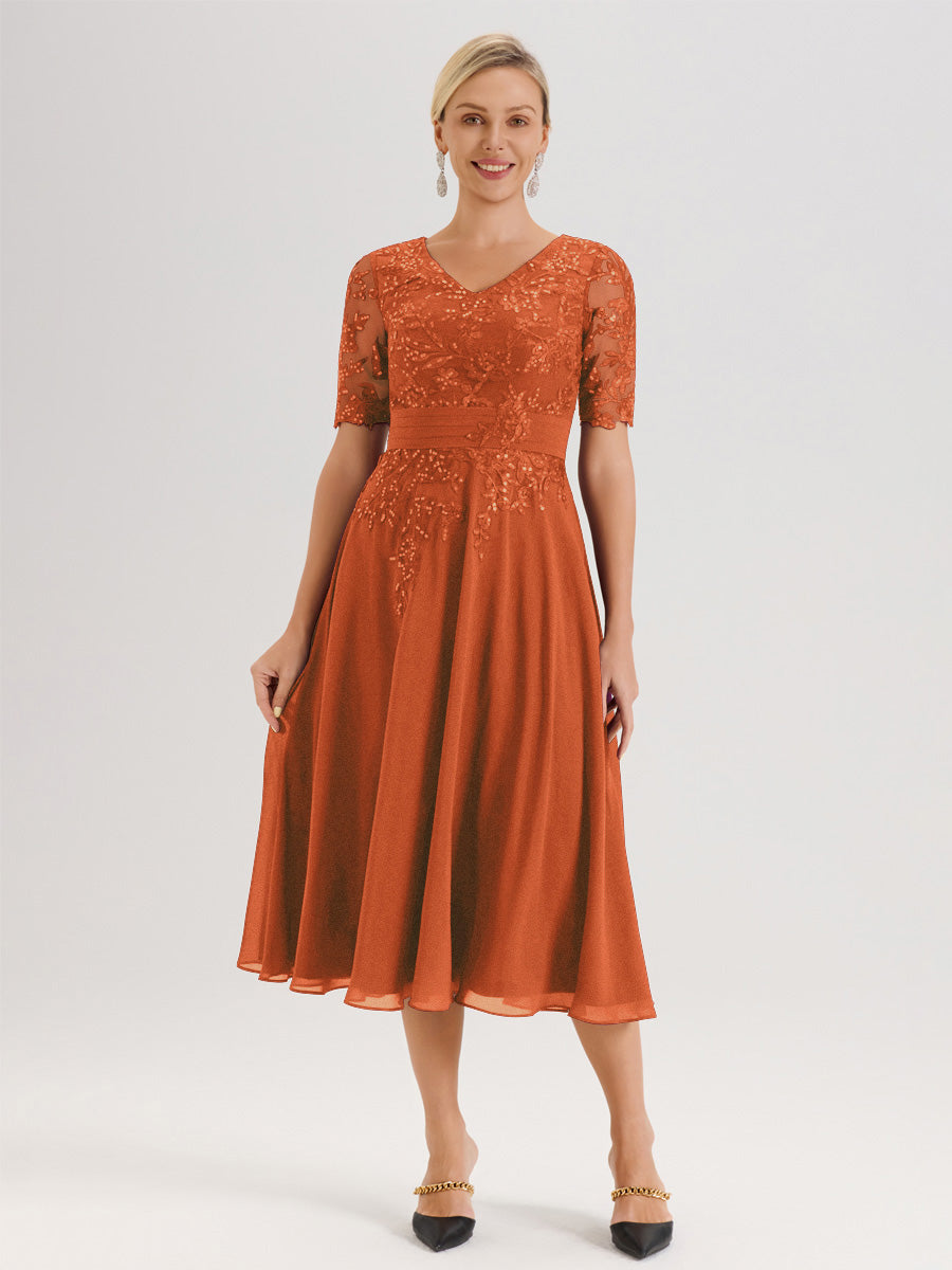 Cicinia Robe Mère De La Mariée Moderne Orange Foncé Décolleté En V Manches Courtes Longueur Mi-Mollet