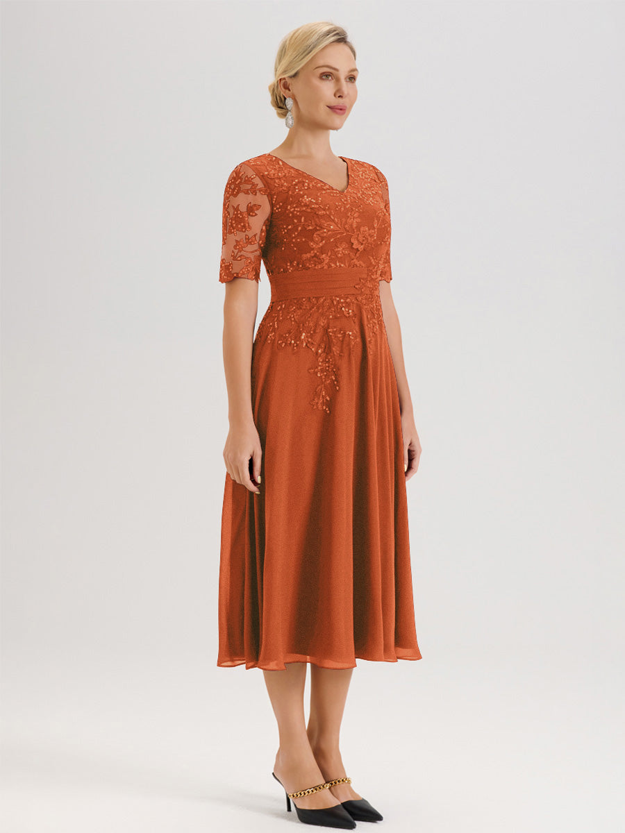 Cicinia Robe Mère De La Mariée Moderne Orange Foncé Décolleté En V Manches Courtes Longueur Mi-Mollet