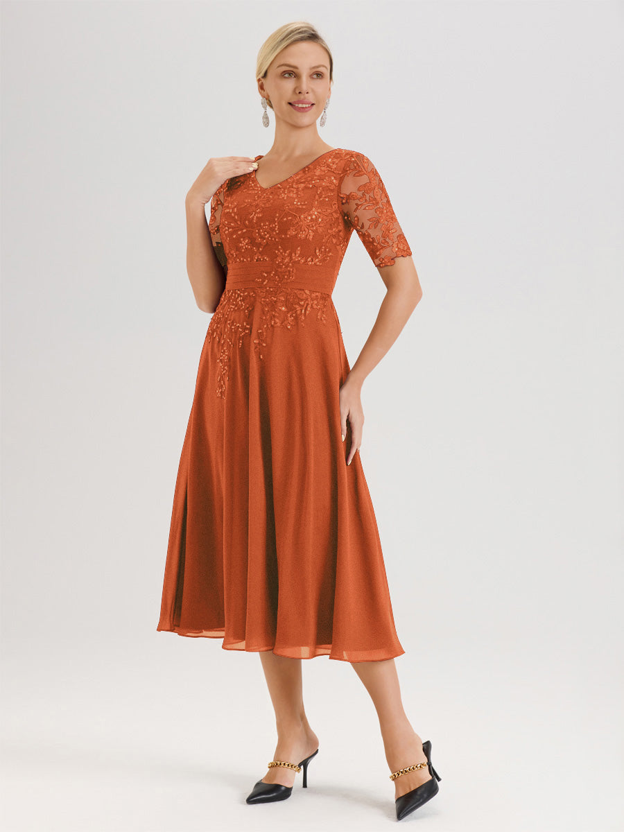 Cicinia Robe Mère De La Mariée Moderne Orange Foncé Décolleté En V Manches Courtes Longueur Mi-Mollet