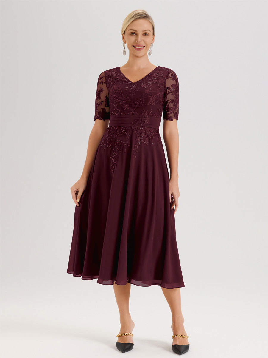 Cicinia Robe Mère De La Mariée Moderne Cabernet Décolleté En V Manches Courtes Longueur Mi-Mollet