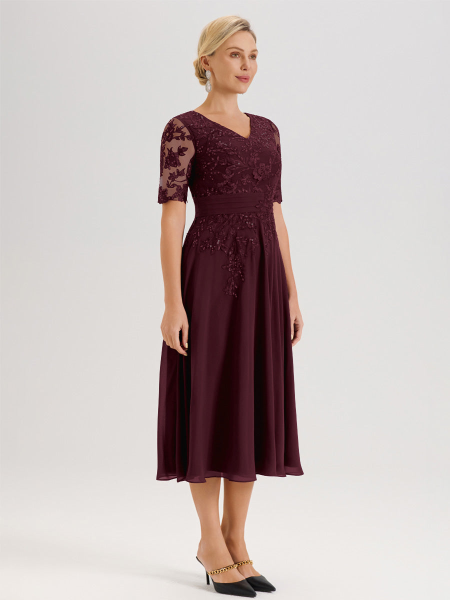 Cicinia Robe Mère De La Mariée Moderne Cabernet Décolleté En V Manches Courtes Longueur Mi-Mollet
