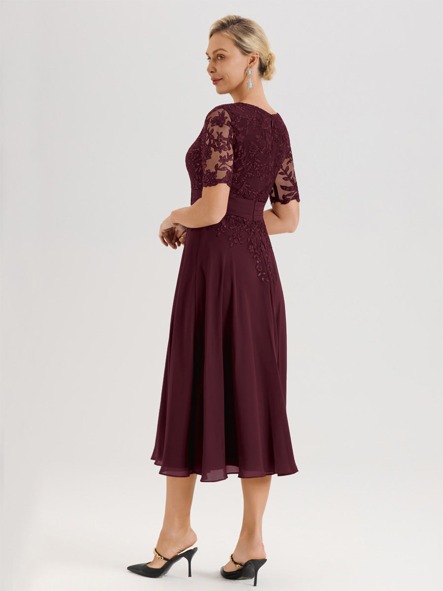 Cicinia Robe Mère De La Mariée Moderne Cabernet Décolleté En V Manches Courtes Longueur Mi-Mollet