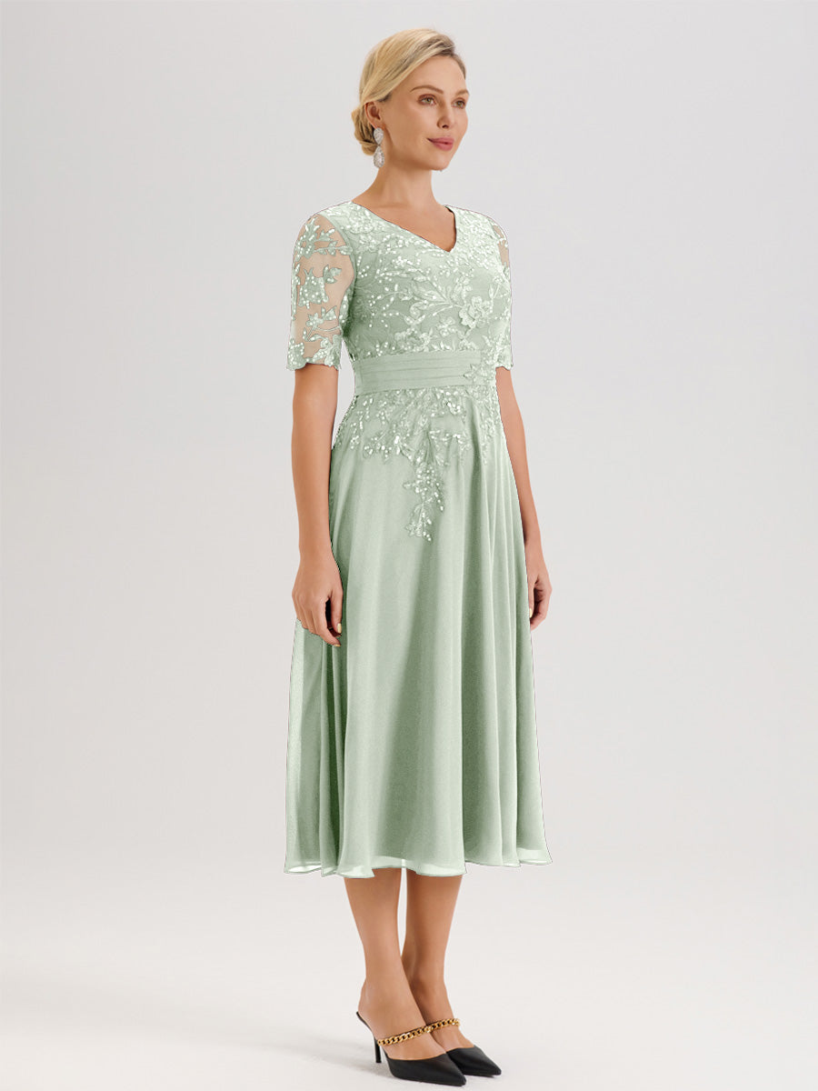 Cicinia Robe Mère De La Mariée Moderne Celadon Décolleté En V Manches Courtes Longueur Mi-Mollet