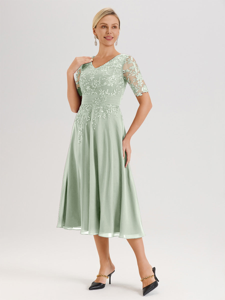 Cicinia Robe Mère De La Mariée Moderne Celadon Décolleté En V Manches Courtes Longueur Mi-Mollet