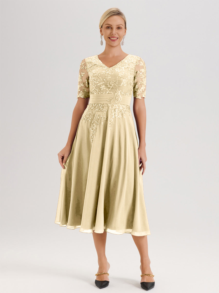 Cicinia Robe Mère De La Mariée Moderne Champagne Décolleté En V Manches Courtes Longueur Mi-Mollet