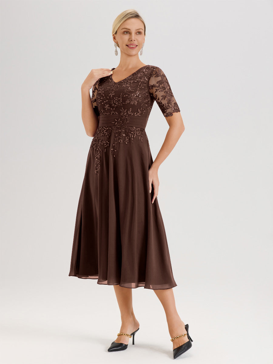 Cicinia Robe Mère De La Mariée Moderne Chocolat Décolleté En V Manches Courtes Longueur Mi-Mollet