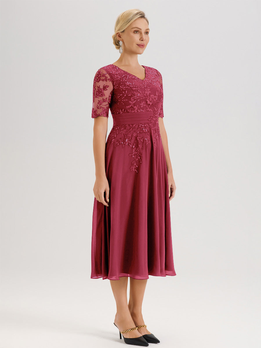 Cicinia Robe Mère De La Mariée Moderne Rose Cannelle Décolleté En V Manches Courtes Longueur Mi-Mollet