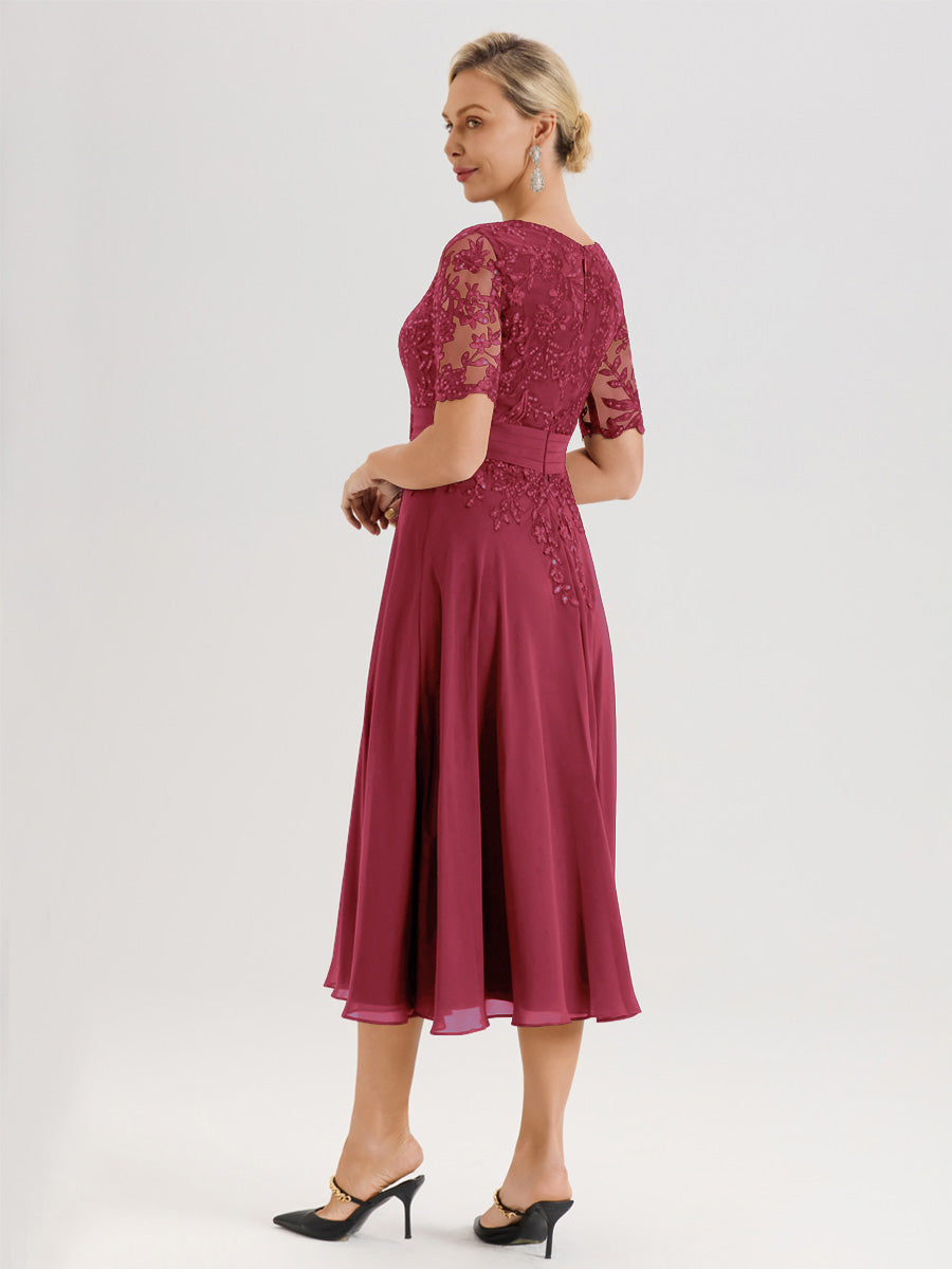 Cicinia Robe Mère De La Mariée Moderne Rose Cannelle Décolleté En V Manches Courtes Longueur Mi-Mollet