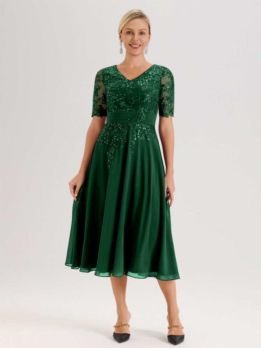 Cicinia Robe Mère De La Mariée Moderne Vert Foncé Décolleté En V Manches Courtes Longueur Mi-Mollet
