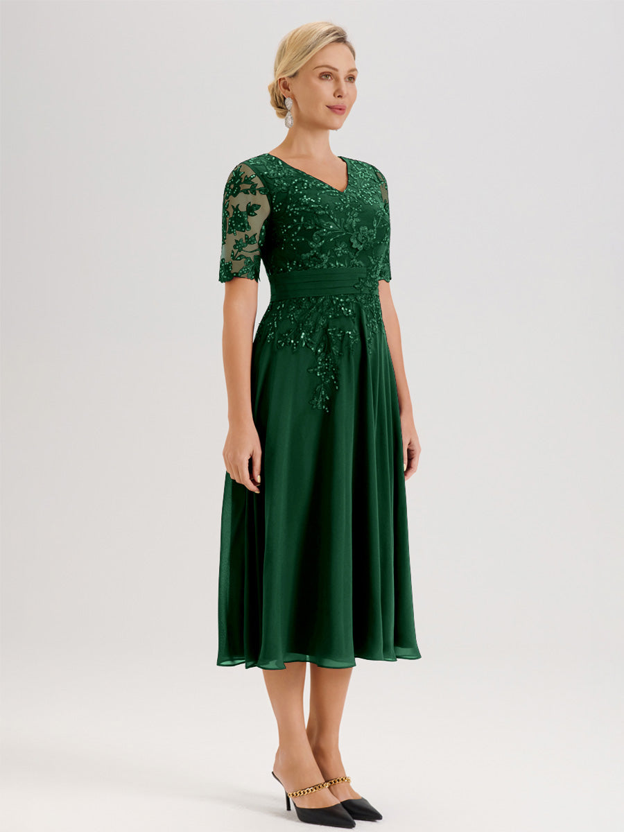 Cicinia Robe Mère De La Mariée Moderne Vert Foncé Décolleté En V Manches Courtes Longueur Mi-Mollet