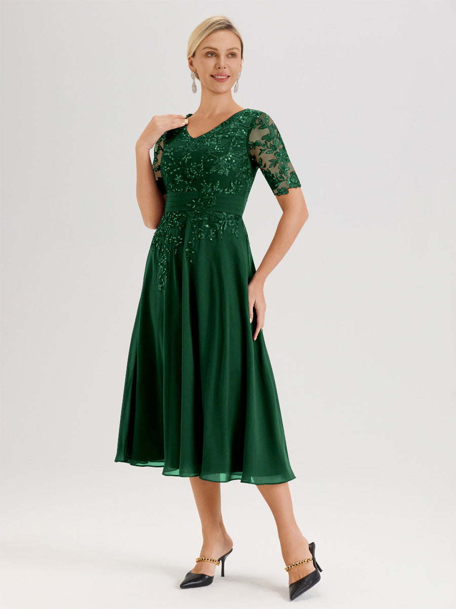 Cicinia Robe Mère De La Mariée Moderne Vert Foncé Décolleté En V Manches Courtes Longueur Mi-Mollet
