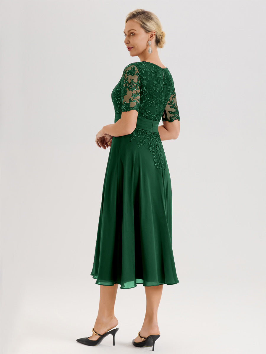 Cicinia Robe Mère De La Mariée Moderne Vert Foncé Décolleté En V Manches Courtes Longueur Mi-Mollet