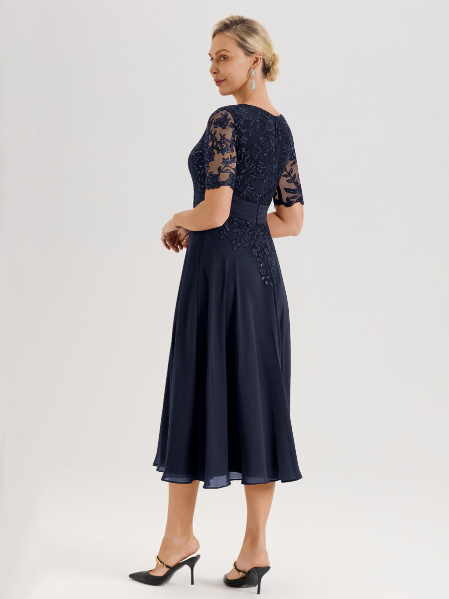 Cicinia Robe Mère De La Mariée Moderne Bleu Marine Décolleté En V Manches Courtes Longueur Mi-Mollet