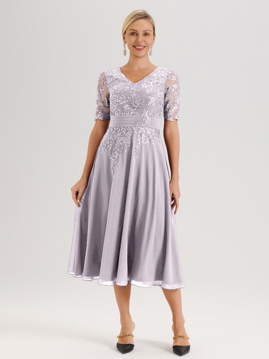 Cicinia Robe Mère De La Mariée Moderne Crépuscule Décolleté En V Manches Courtes Longueur Mi-Mollet