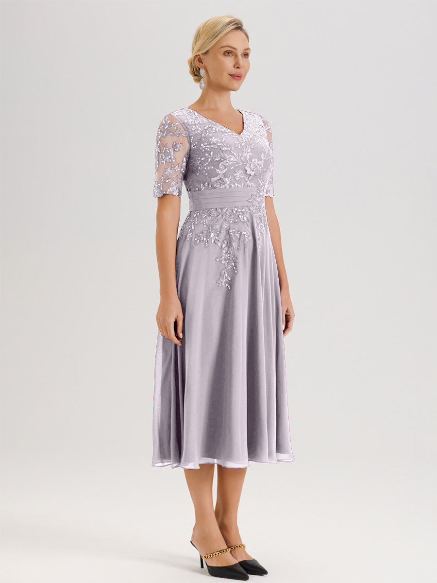 Cicinia Robe Mère De La Mariée Moderne Crépuscule Décolleté En V Manches Courtes Longueur Mi-Mollet