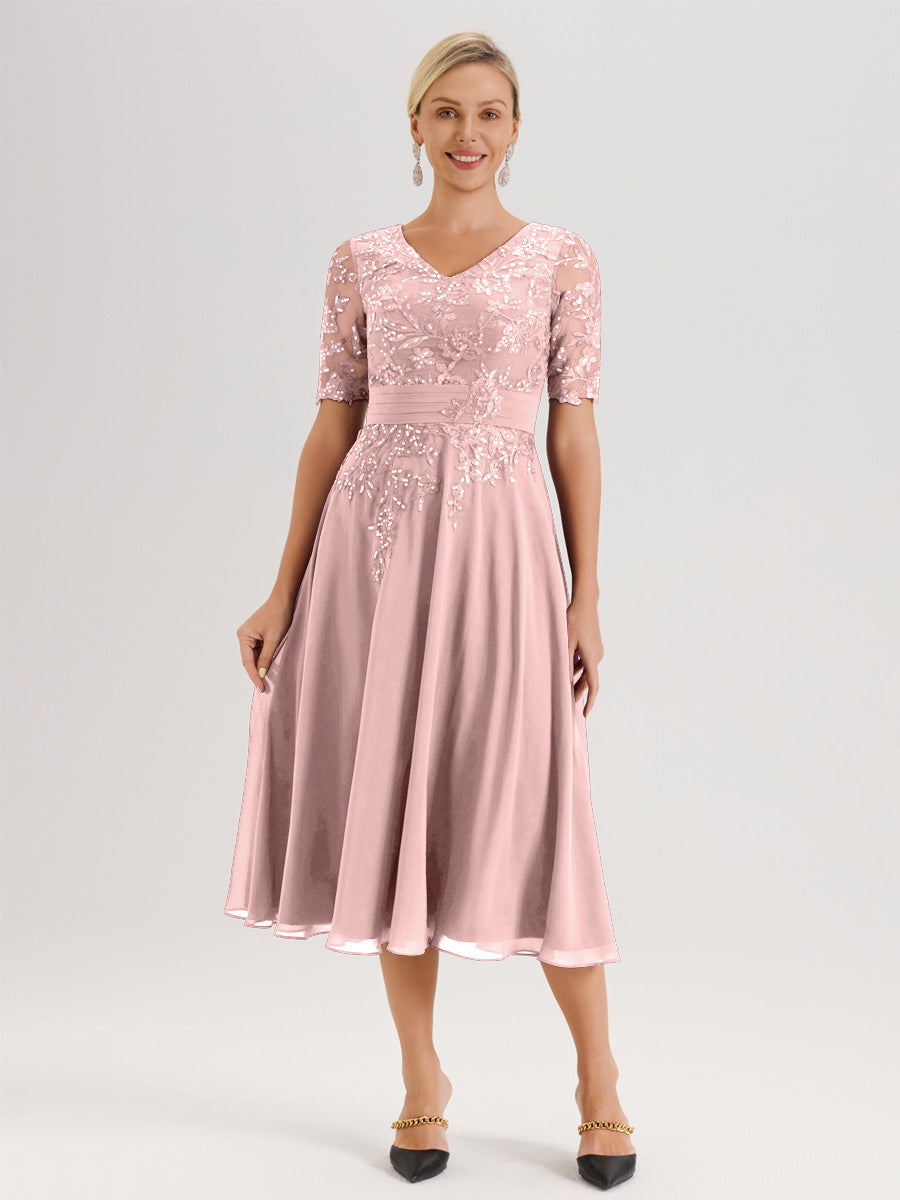 Cicinia Robe Mère De La Mariée Moderne Rose Poudrée Décolleté En V Manches Courtes Longueur Mi-Mollet