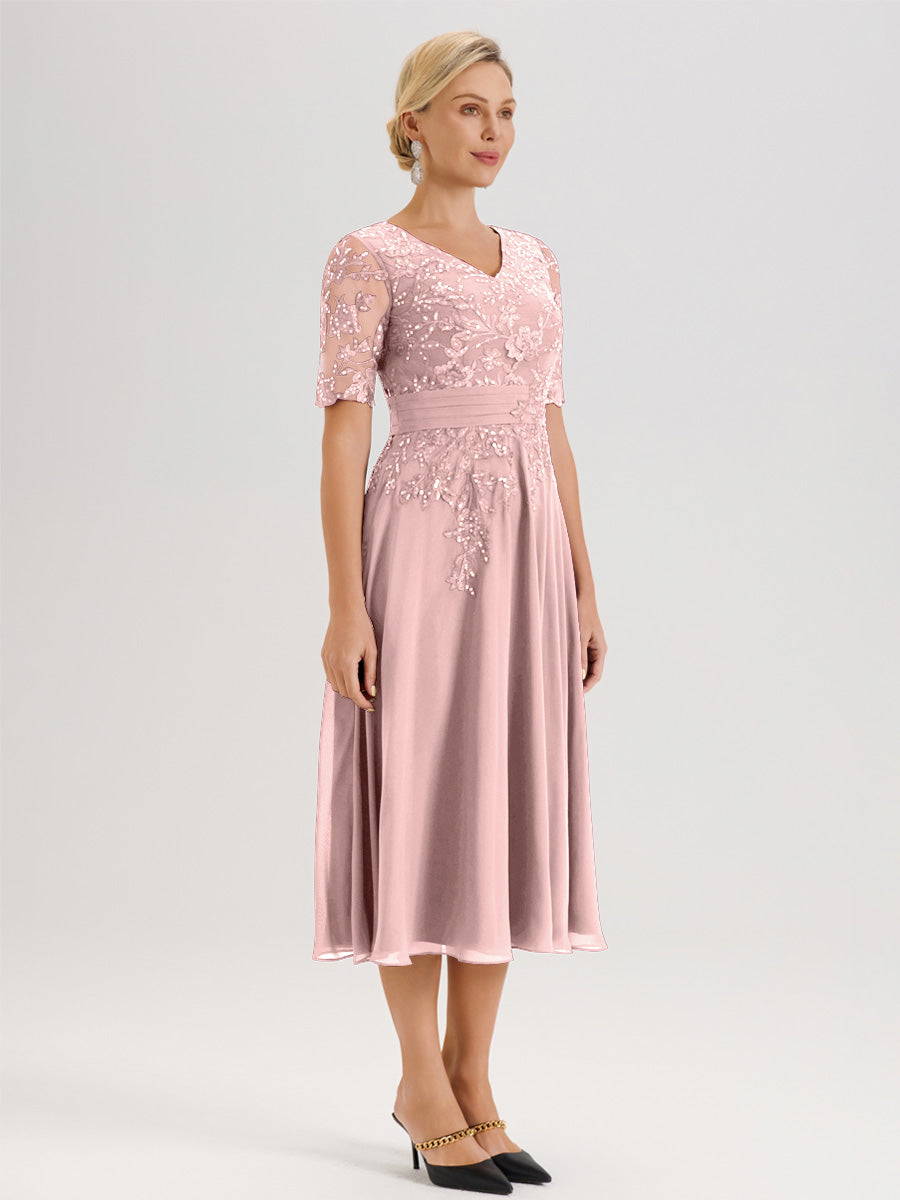 Cicinia Robe Mère De La Mariée Moderne Rose Poudrée Décolleté En V Manches Courtes Longueur Mi-Mollet
