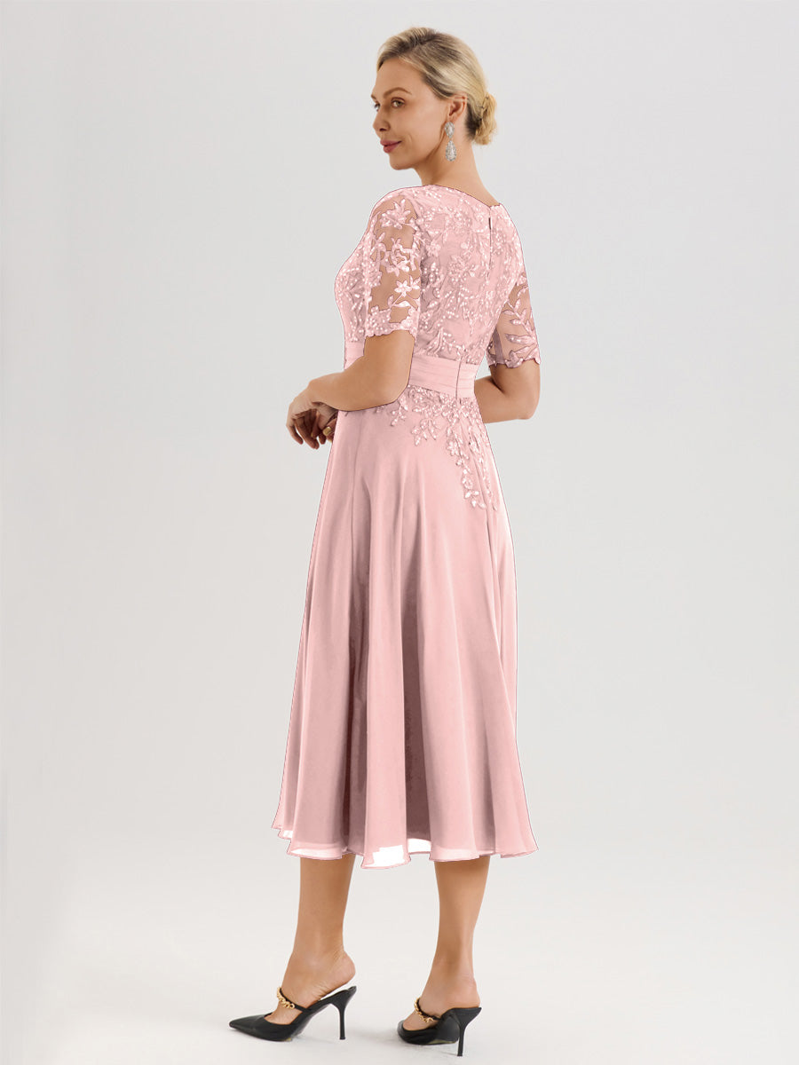 Cicinia Robe Mère De La Mariée Moderne Rose Poudrée Décolleté En V Manches Courtes Longueur Mi-Mollet