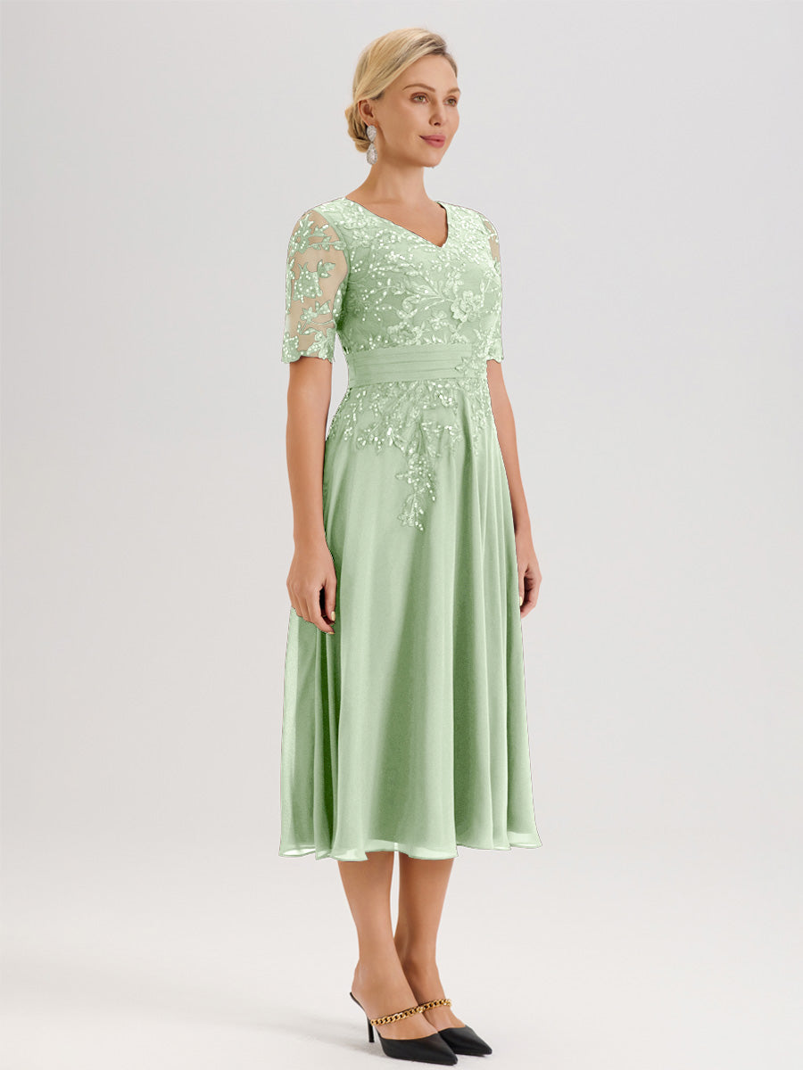 Cicinia Robe Mère De La Mariée Moderne Sauge Poudrée Décolleté En V Manches Courtes Longueur Mi-Mollet