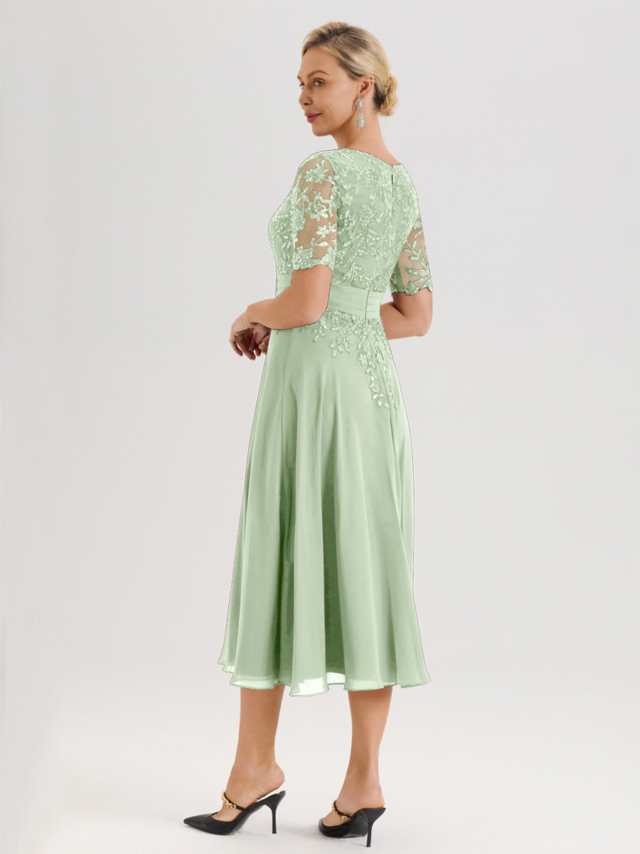 Cicinia Robe Mère De La Mariée Moderne Sauge Poudrée Décolleté En V Manches Courtes Longueur Mi-Mollet