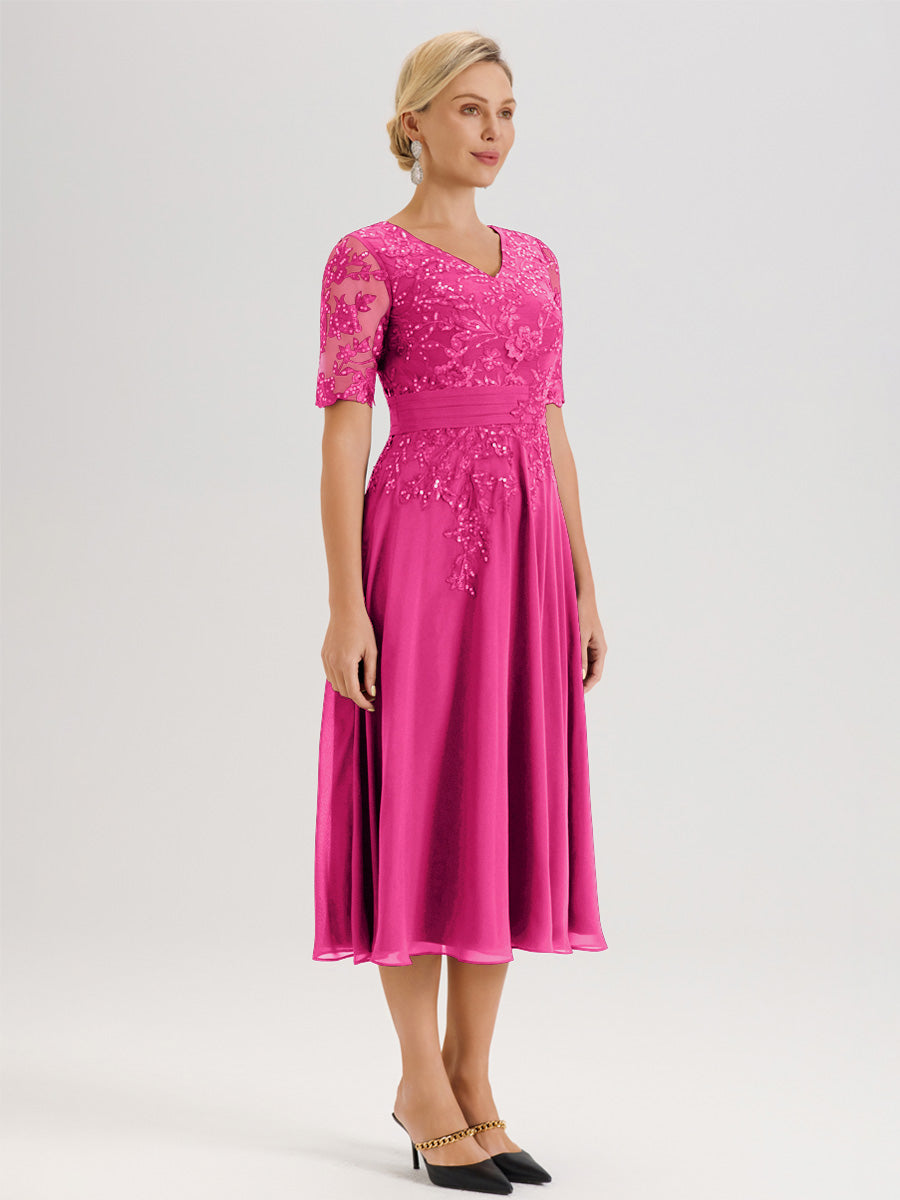 Cicinia Robe Mère De La Mariée Moderne Fuchsia Décolleté En V Manches Courtes Longueur Mi-Mollet