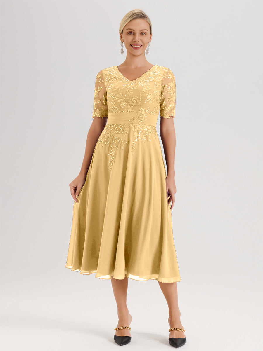 Cicinia Robe Mère De La Mariée Moderne Dorée Décolleté En V Manches Courtes Longueur Mi-Mollet