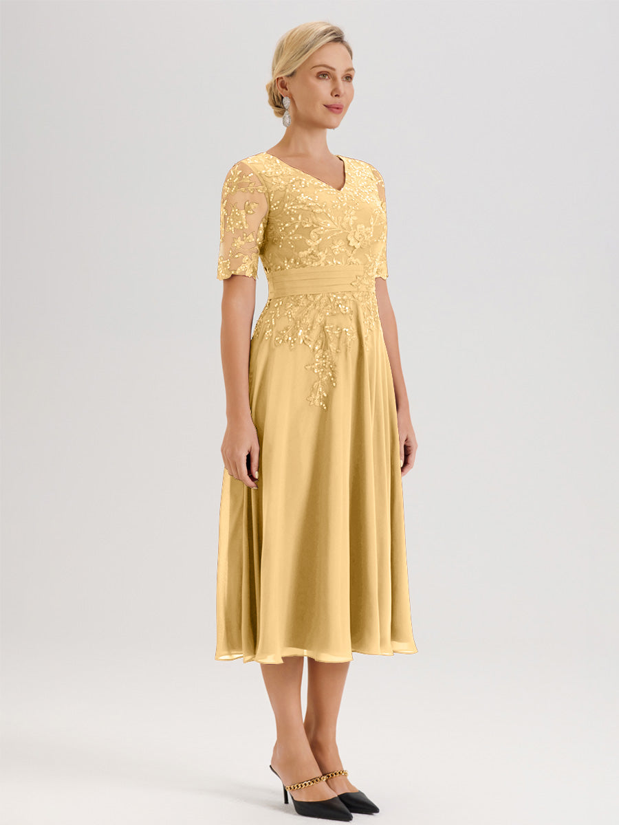 Cicinia Robe Mère De La Mariée Moderne Dorée Décolleté En V Manches Courtes Longueur Mi-Mollet