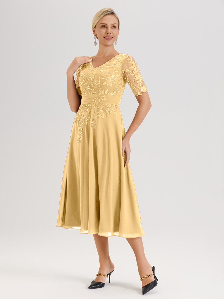 Cicinia Robe Mère De La Mariée Moderne Dorée Décolleté En V Manches Courtes Longueur Mi-Mollet