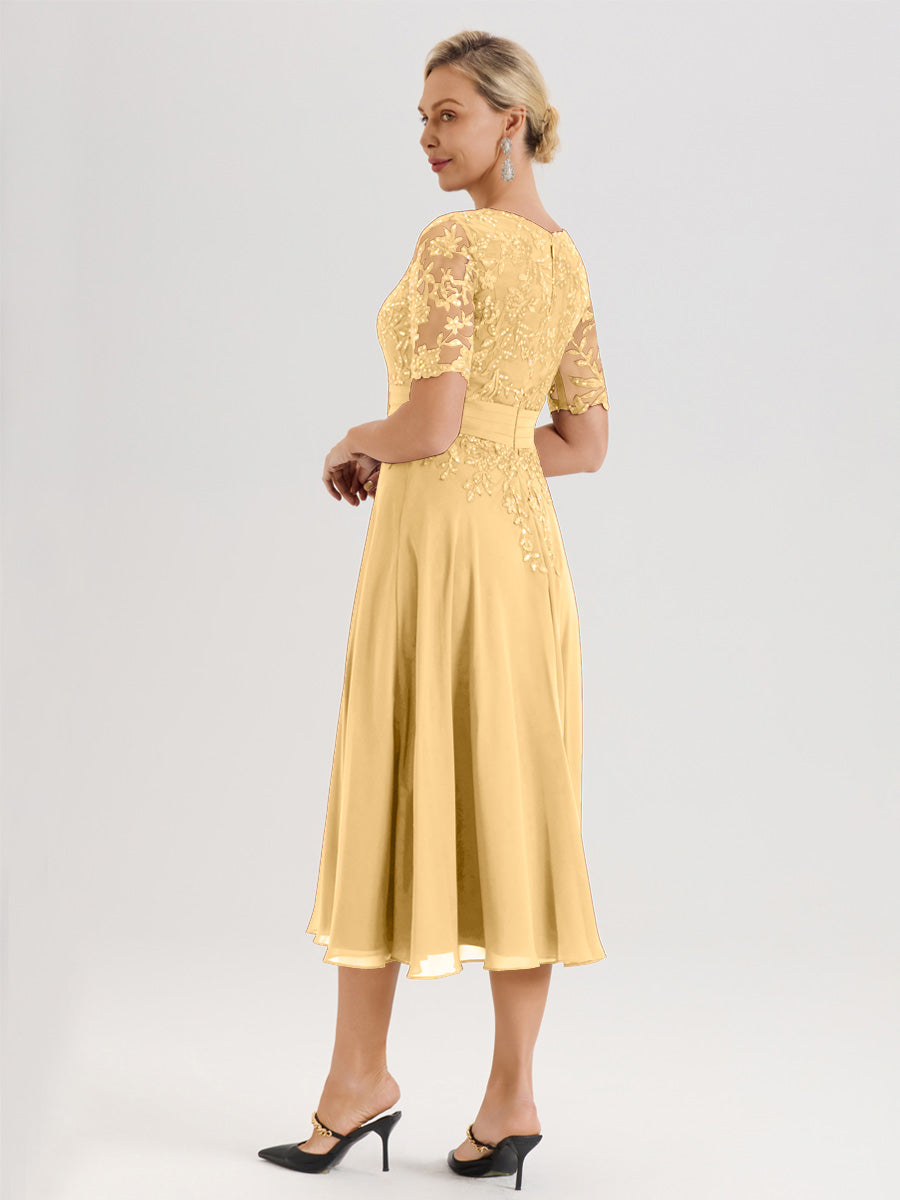 Cicinia Robe Mère De La Mariée Moderne Dorée Décolleté En V Manches Courtes Longueur Mi-Mollet