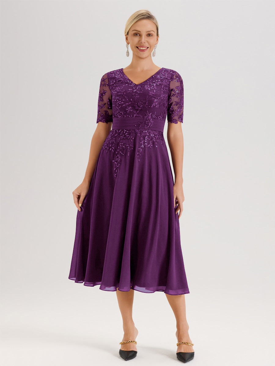 Cicinia Robe Mère De La Mariée Moderne En Raisin Décolleté En V Manches Courtes Longueur Mi-Mollet