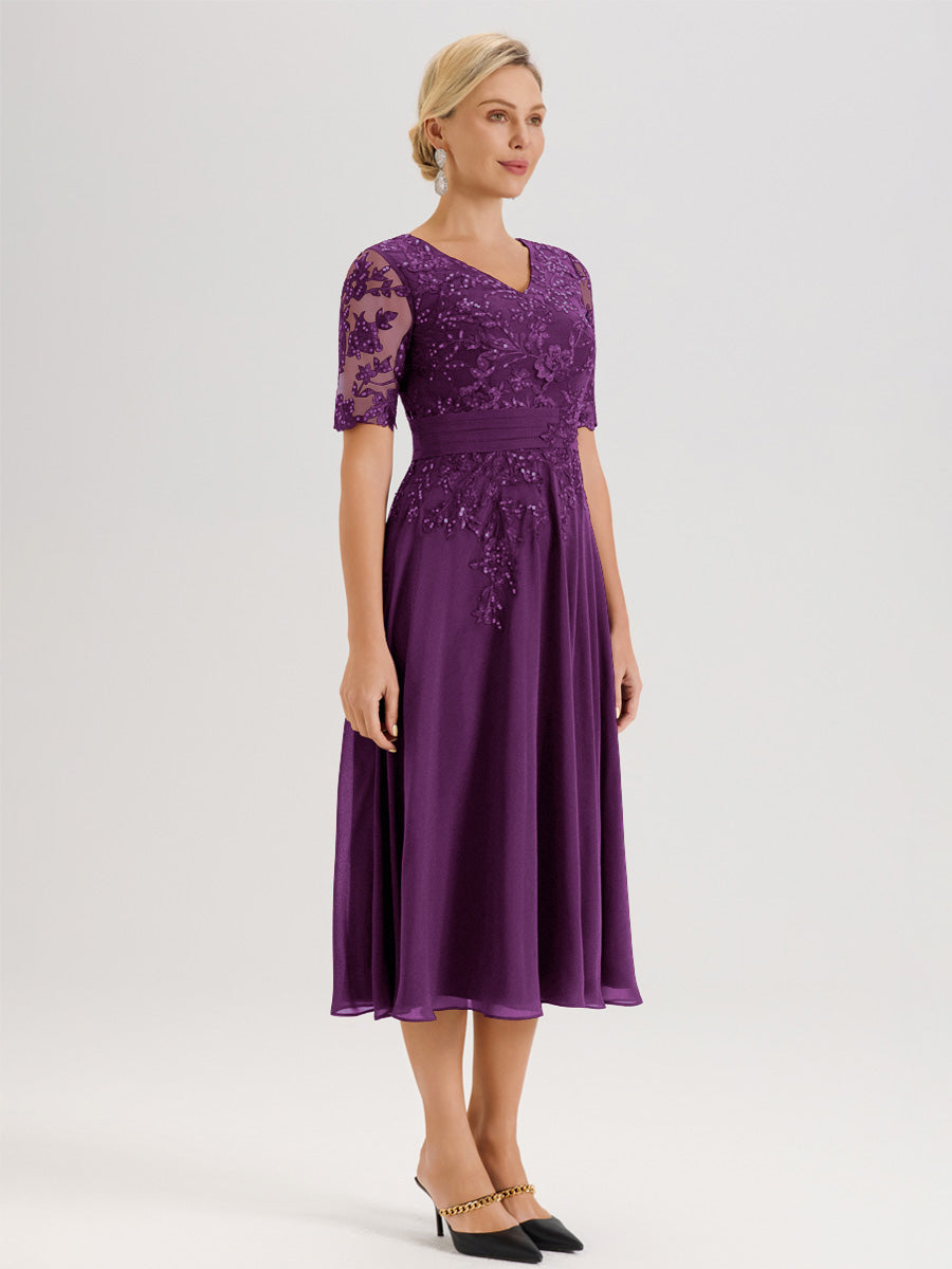 Cicinia Robe Mère De La Mariée Moderne En Raisin Décolleté En V Manches Courtes Longueur Mi-Mollet
