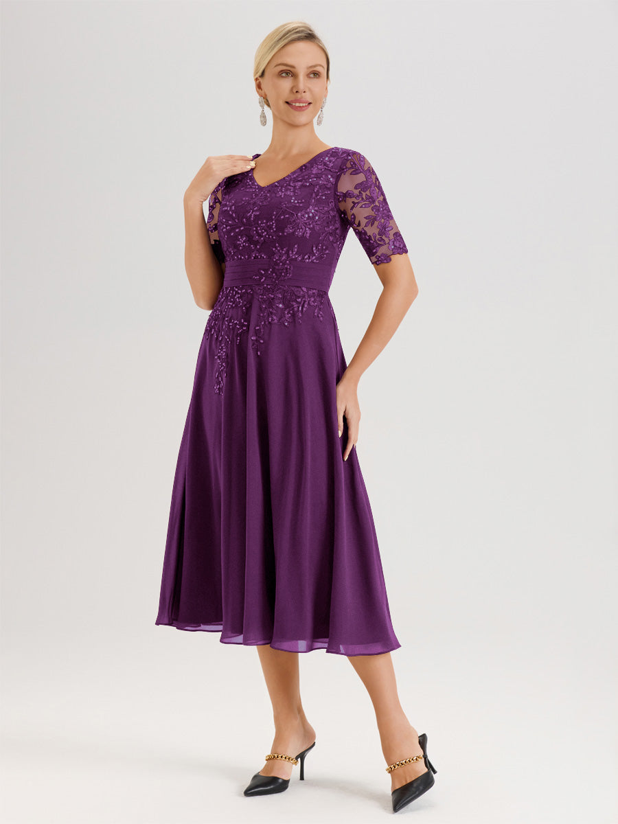 Cicinia Robe Mère De La Mariée Moderne En Raisin Décolleté En V Manches Courtes Longueur Mi-Mollet