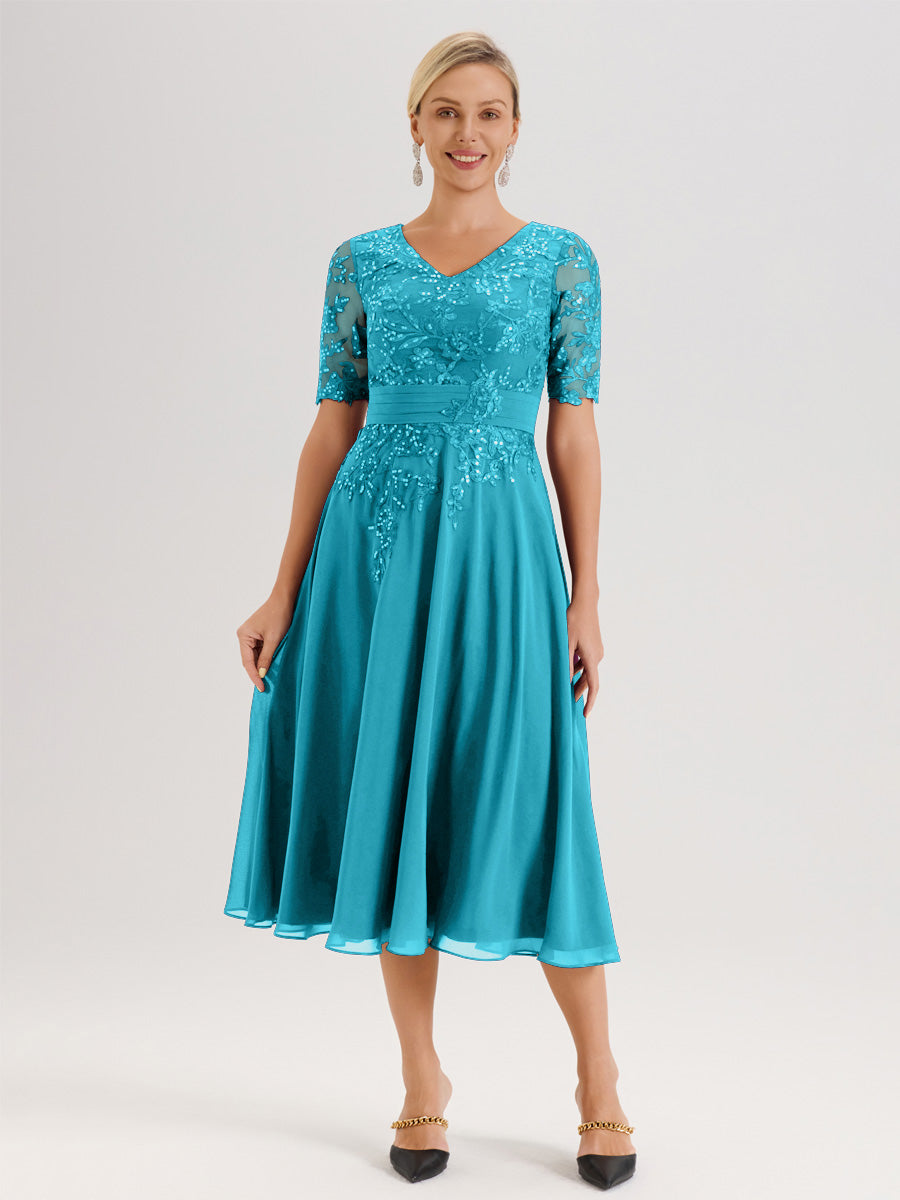 Cicinia Robe Mère De La Mariée Moderne Jade Décolleté En V Manches Courtes Longueur Mi-Mollet