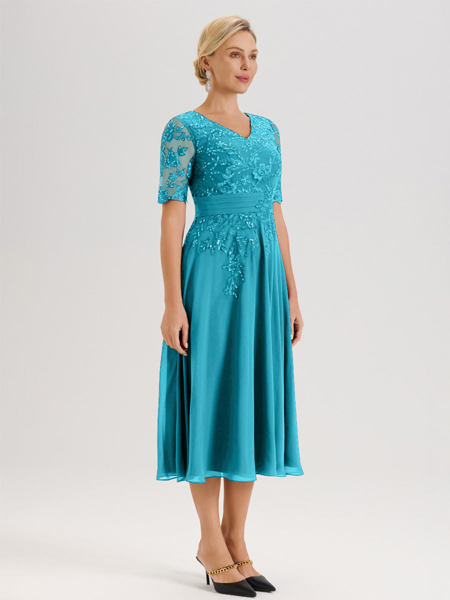 Cicinia Robe Mère De La Mariée Moderne Jade Décolleté En V Manches Courtes Longueur Mi-Mollet