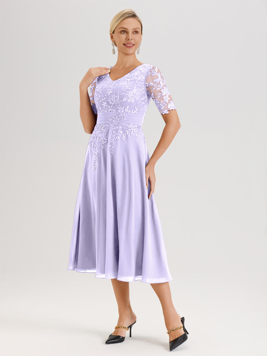 Cicinia Robe Mère De La Mariée Moderne Lilas Décolleté En V Manches Courtes Longueur Mi-Mollet