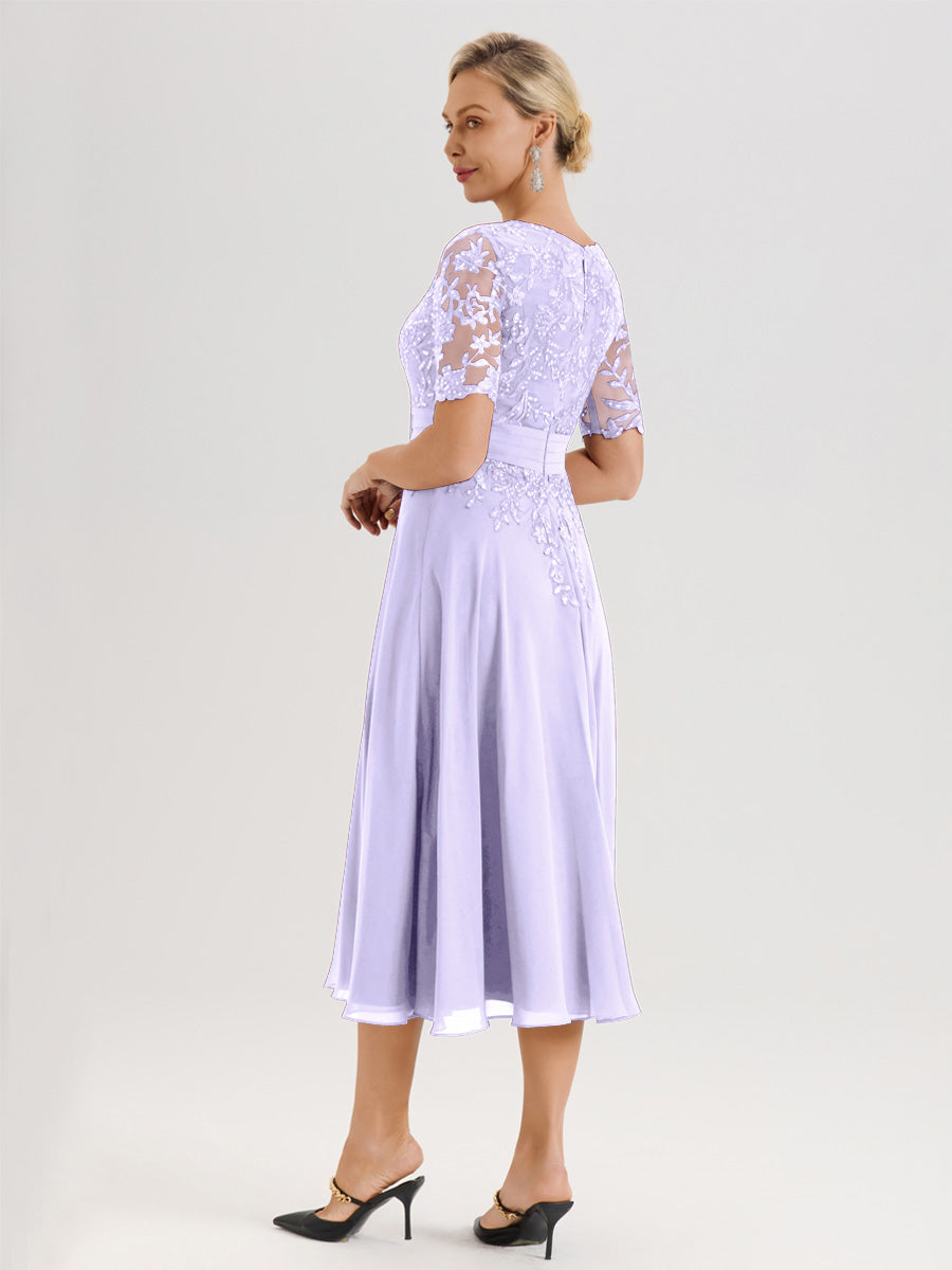 Cicinia Robe Mère De La Mariée Moderne Lilas Décolleté En V Manches Courtes Longueur Mi-Mollet