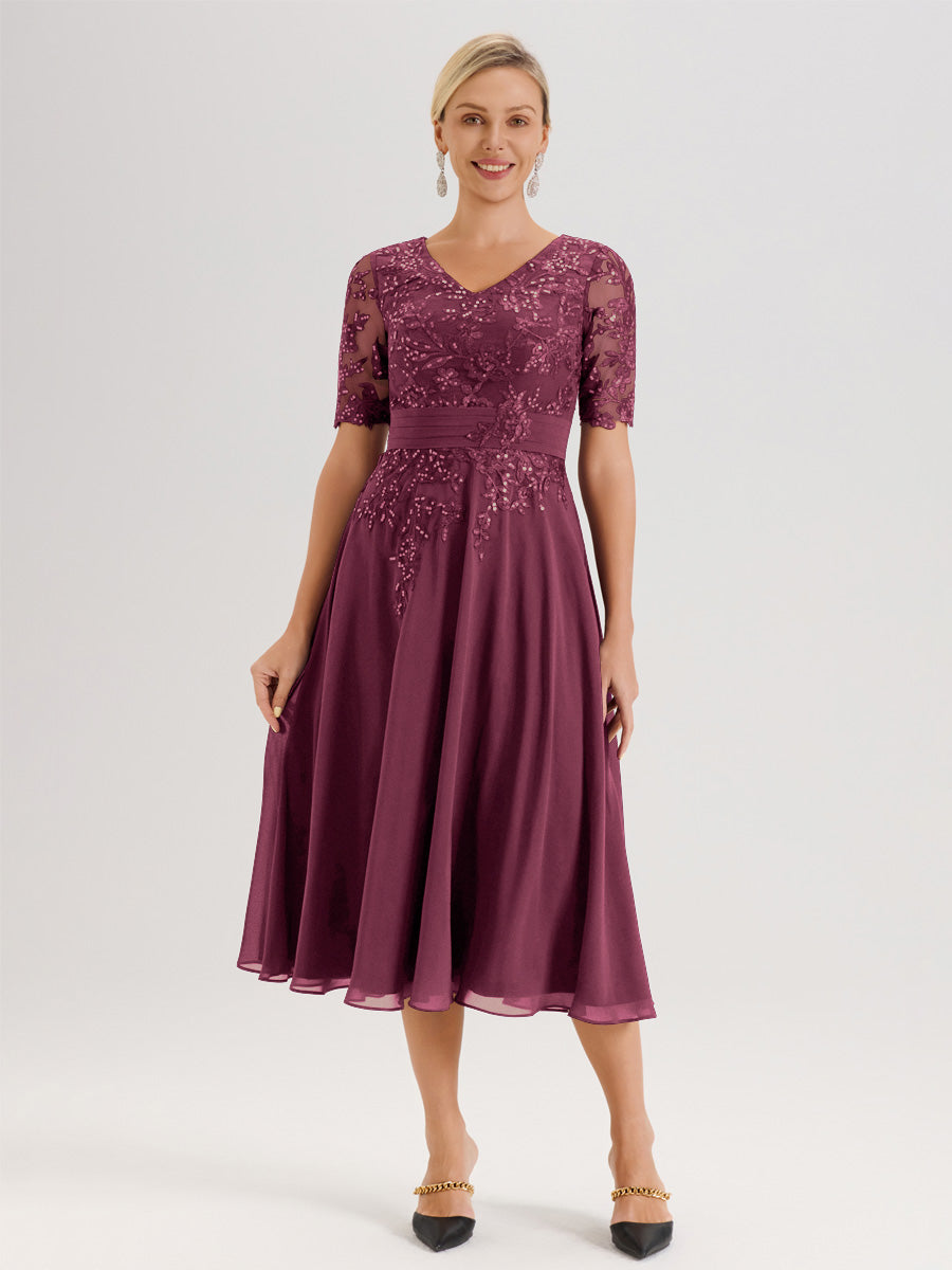 Cicinia Robe Mère De La Mariée Moderne Mûre Décolleté En V Manches Courtes Longueur Mi-Mollet