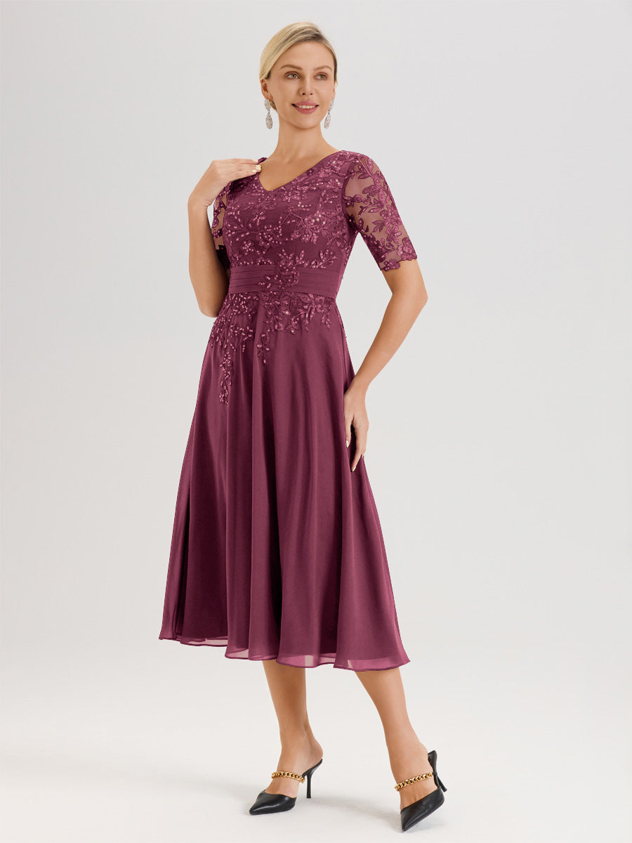 Cicinia Robe Mère De La Mariée Moderne Mûre Décolleté En V Manches Courtes Longueur Mi-Mollet