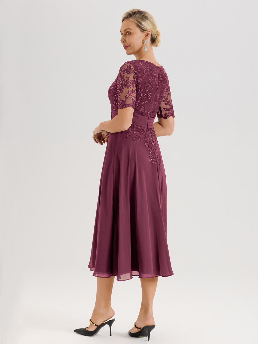 Cicinia Robe Mère De La Mariée Moderne Mûre Décolleté En V Manches Courtes Longueur Mi-Mollet