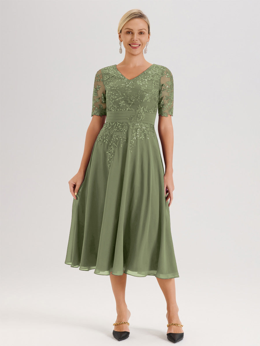 Cicinia Robe Mère De La Mariée Moderne Vert Olive Décolleté En V Manches Courtes Longueur Mi-Mollet