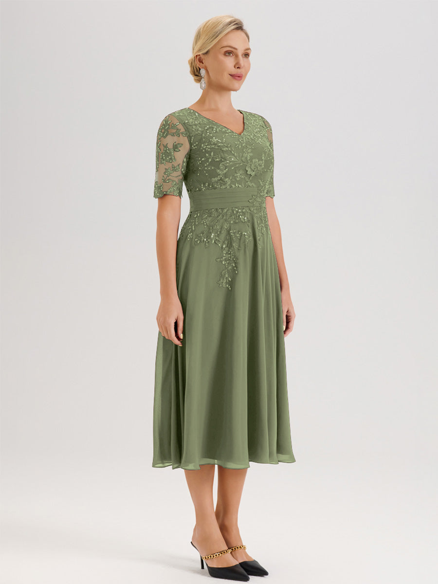 Cicinia Robe Mère De La Mariée Moderne Vert Olive Décolleté En V Manches Courtes Longueur Mi-Mollet
