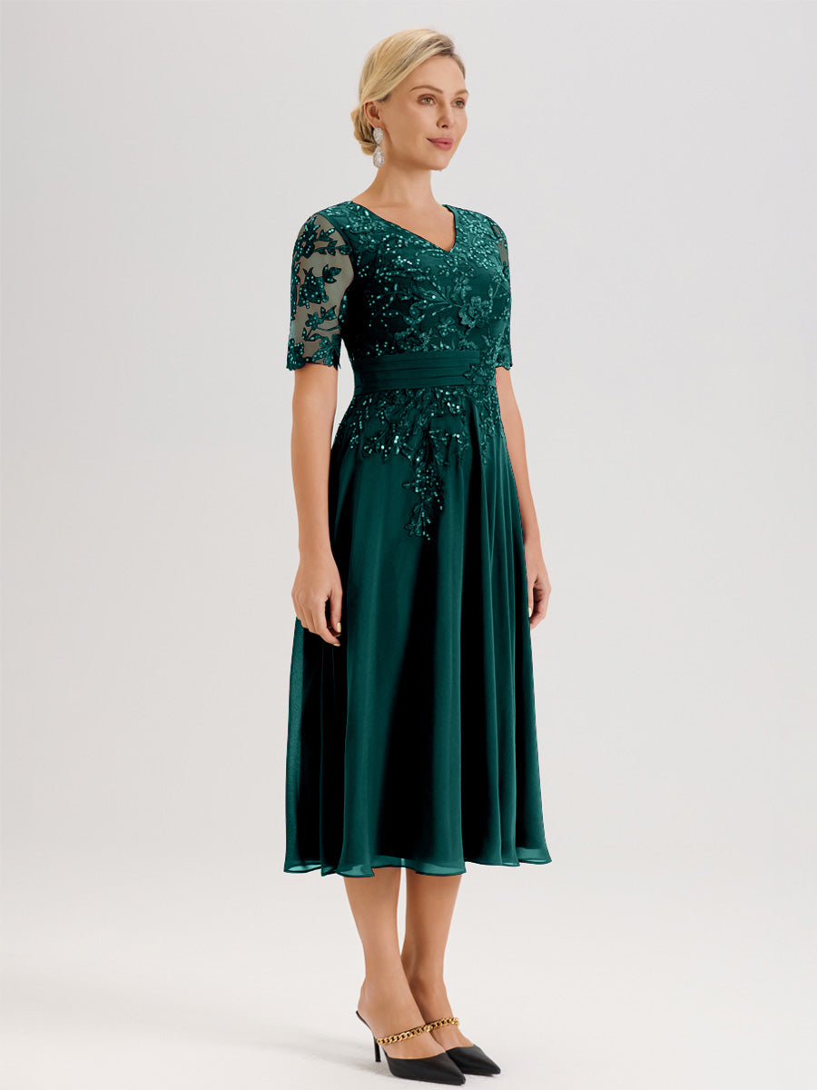Cicinia Robe Mère De La Mariée Moderne Bleu Paon Décolleté En V Manches Courtes Longueur Mi-Mollet