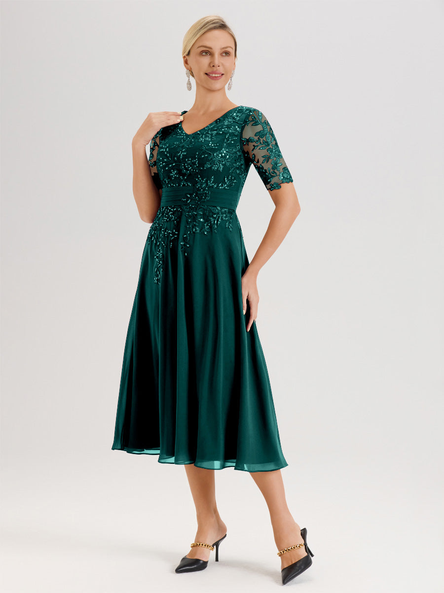 Cicinia Robe Mère De La Mariée Moderne Bleu Paon Décolleté En V Manches Courtes Longueur Mi-Mollet