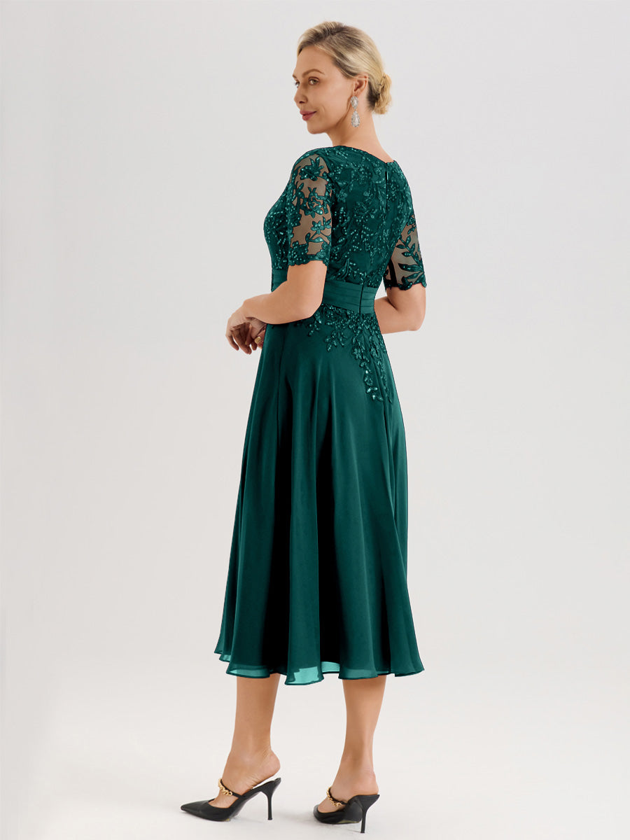 Cicinia Robe Mère De La Mariée Moderne Bleu Paon Décolleté En V Manches Courtes Longueur Mi-Mollet