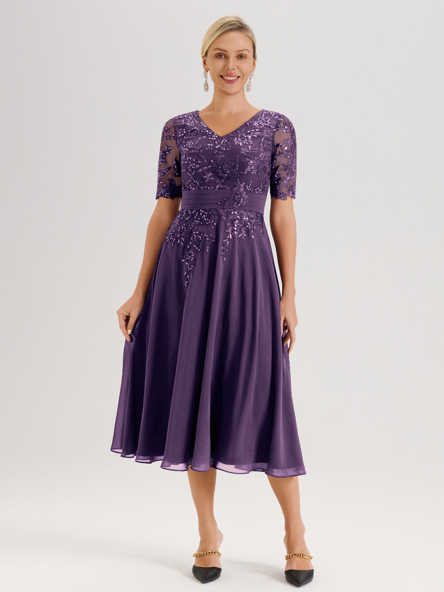 Cicinia Robe Mère De La Mariée Moderne Plum Décolleté En V Manches Courtes Longueur Mi-Mollet