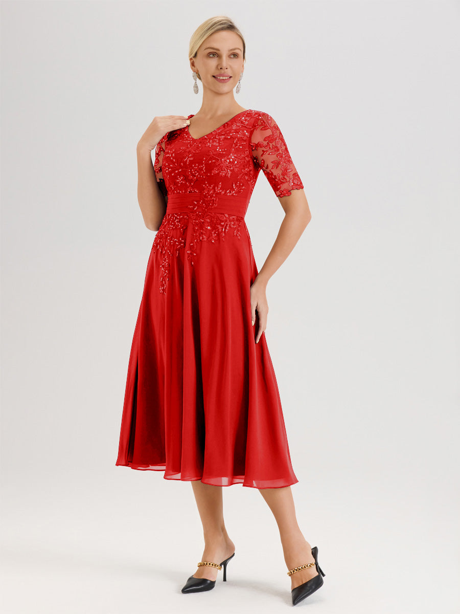 Cicinia Robe Mère De La Mariée Moderne Rouge Décolleté En V Manches Courtes Longueur Mi-Mollet