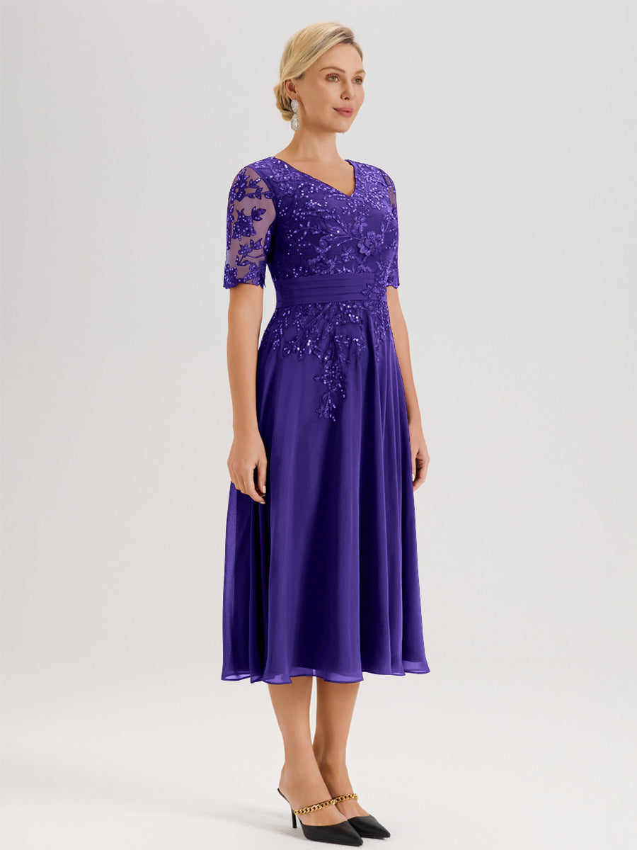 Cicinia Robe Mère De La Mariée Moderne En Régence Décolleté En V Manches Courtes Longueur Mi-Mollet
