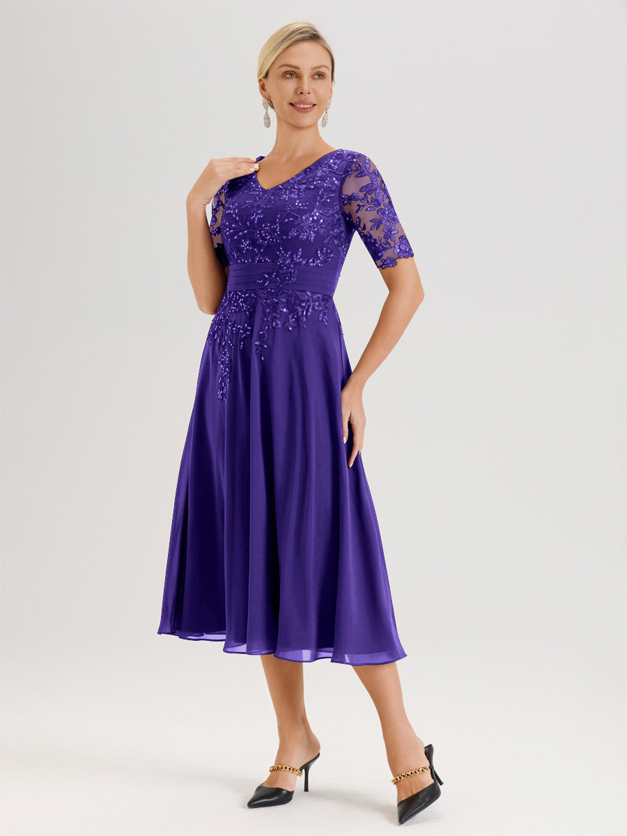 Cicinia Robe Mère De La Mariée Moderne En Régence Décolleté En V Manches Courtes Longueur Mi-Mollet
